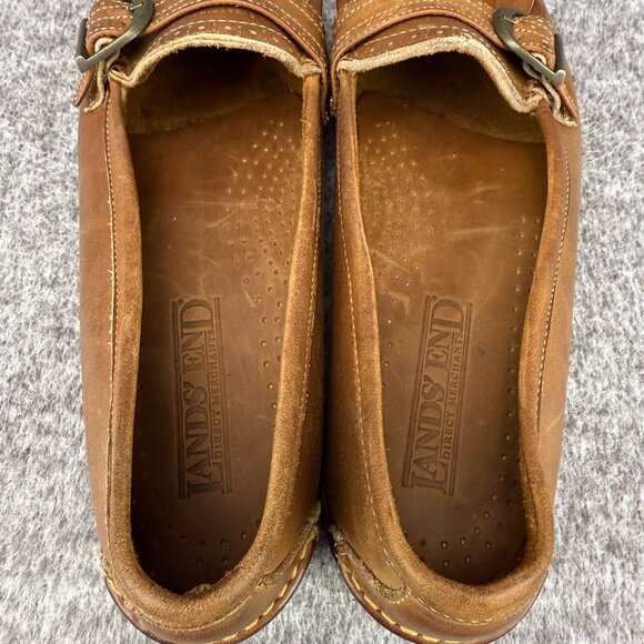 ✅Womens 10N Lands End Brown Leather Moc toe Loafers Fringe Buckle Casual Shoes - Picture 3 of 10